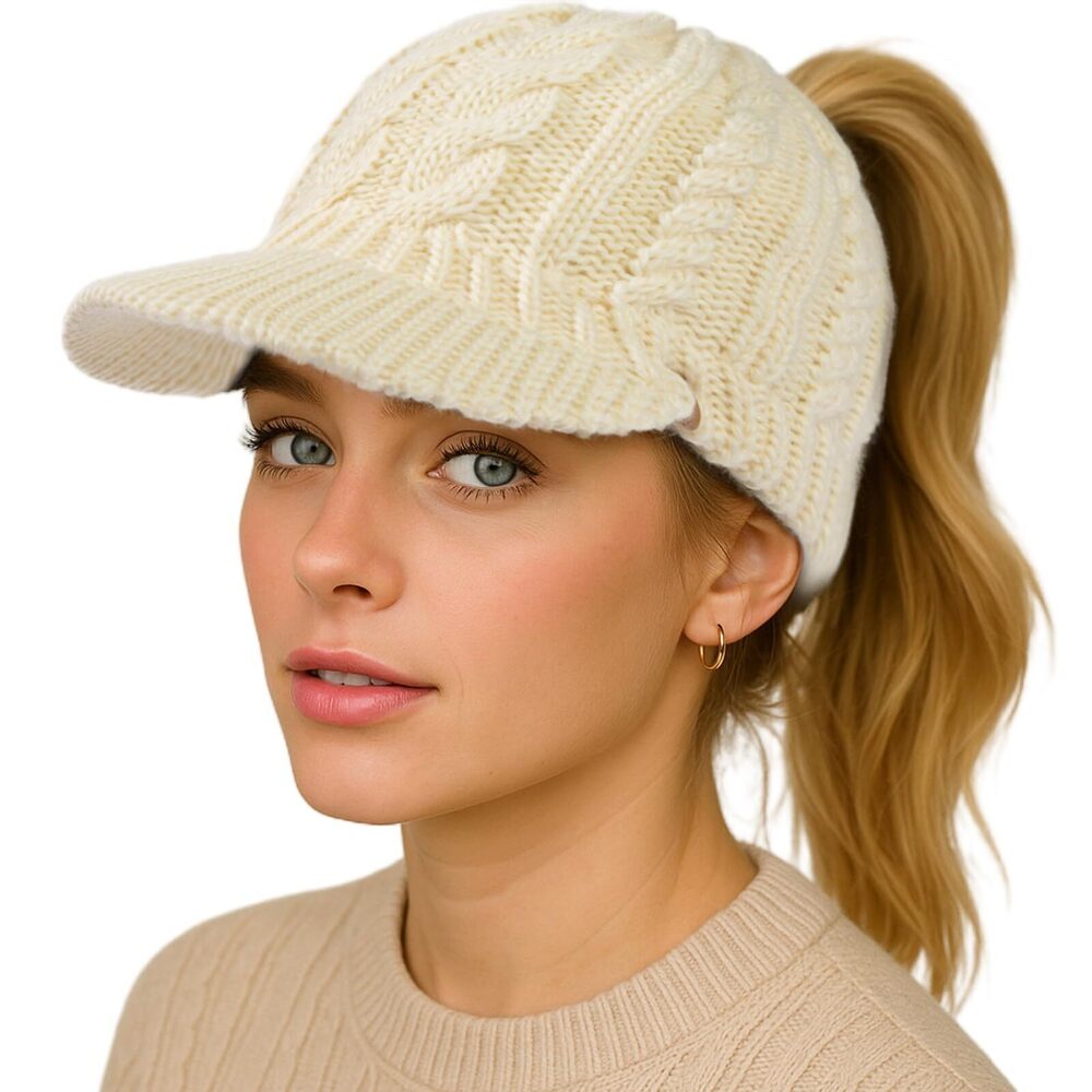 8757 Winter 3 Openings Ponytail Visor Brim Bill Beanie Hat Fleece Lined